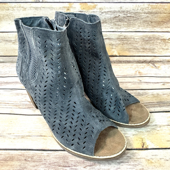 Toms Womens Gray Suede Peep Toe Majorca Stacked Block Heel Ankle Booties Size 8 - Picture 1 of 8